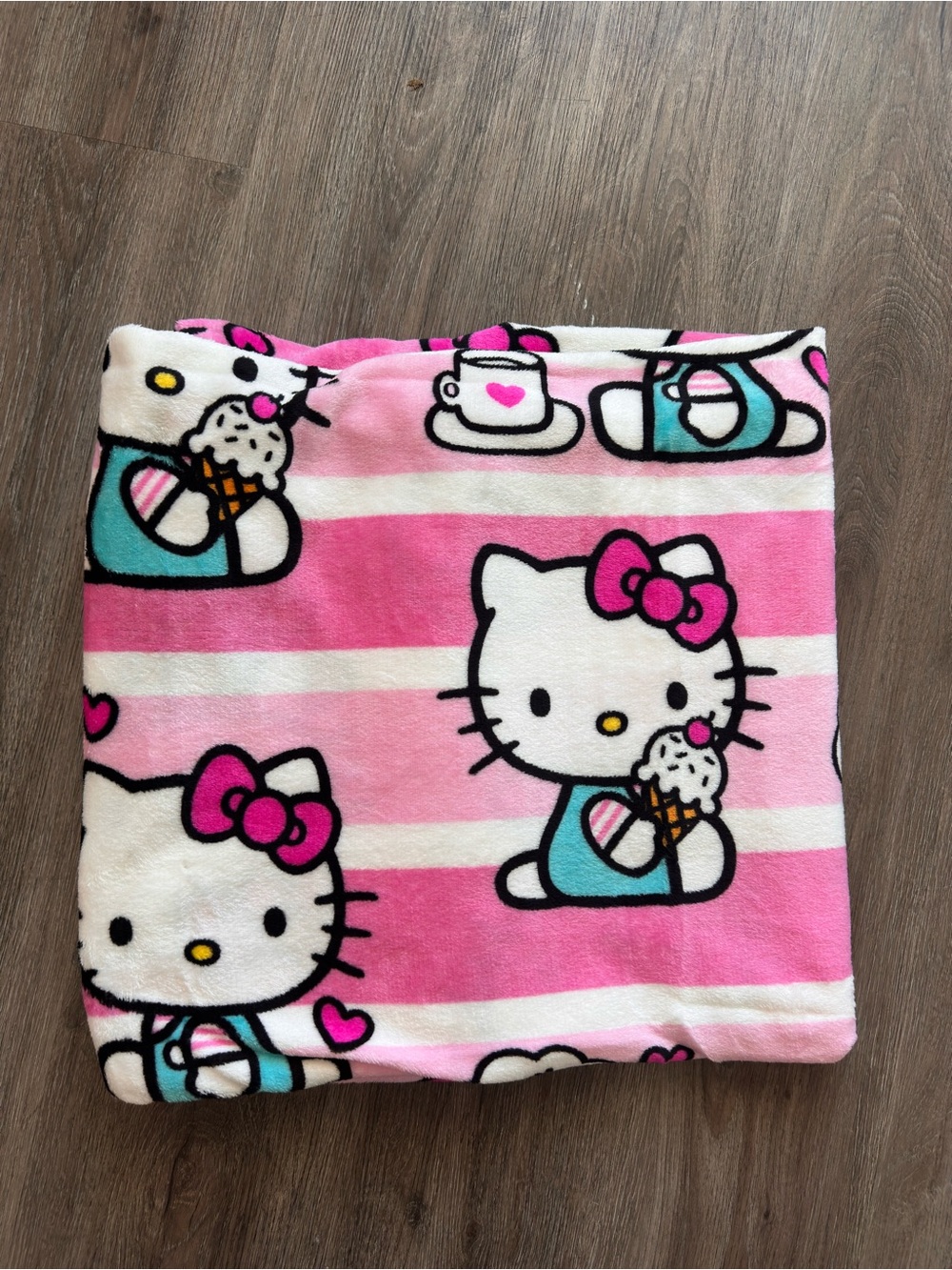 Hello Kitty Pink White Striped Kids Fleece Blanket with Blue Accents